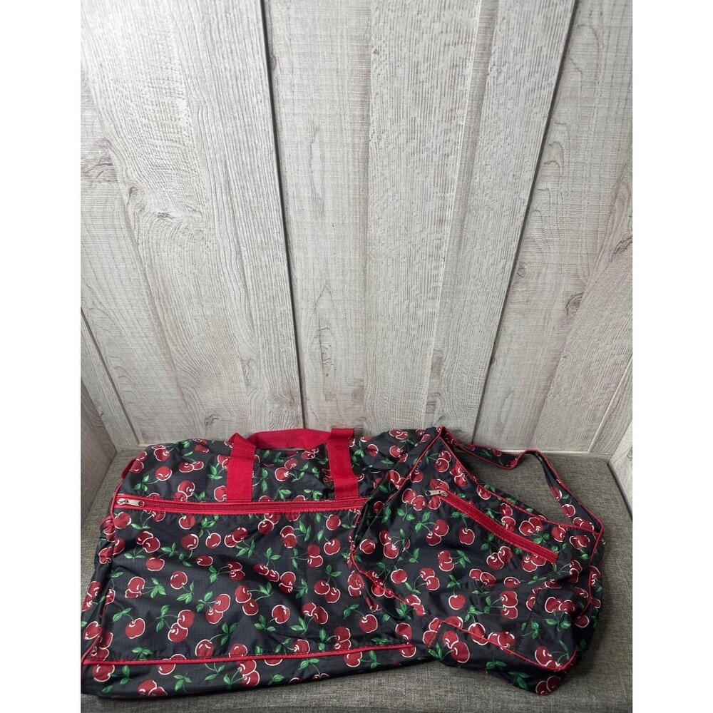 2 pc Cherry Print Black & Red Tote Travel and Shoulder Bag Zippered Pockets